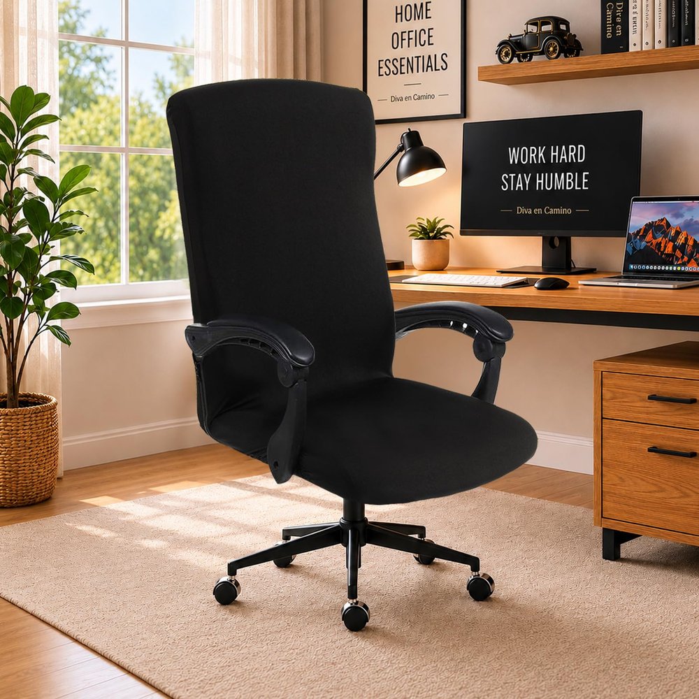 DIVA EN CAMINO DEC Water Resistant Office Chair Cover with Zipper, Stretch Slipcover for Desk, Boss, or High Back Chair, Black