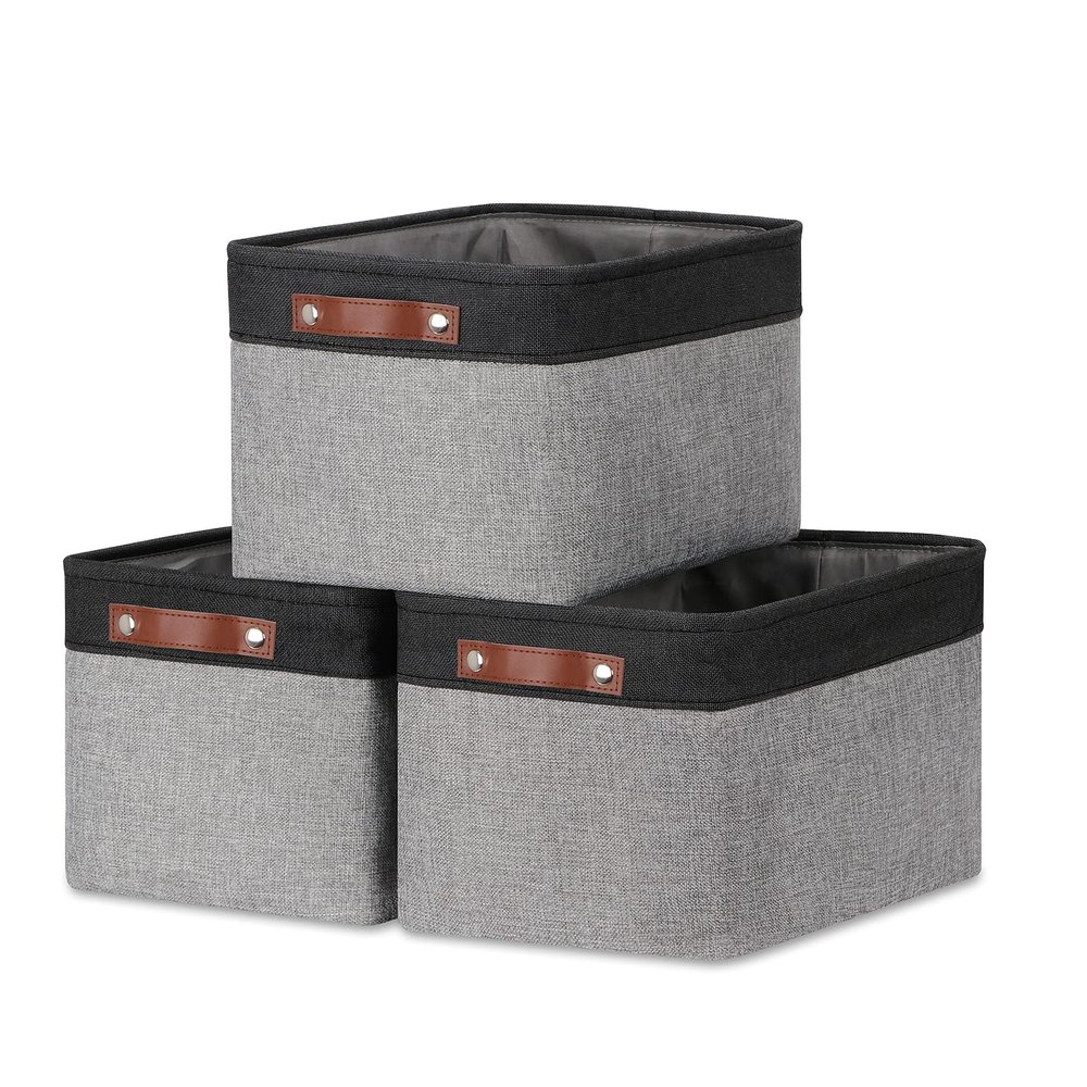 DULLEMELO Fabric Baskets for Storage, Rectangular Fabric Storage Bins Collapsible, Perfect for Shelves, Closets, Nursery, Empty Gift Baskets (3-Pack Medium-15 inch X 11 inch X 9.5 inch , Black&Grey)