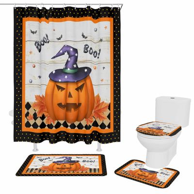 Plelat 4 Piece Bathroom Mat Sets, Happy Halloween Pumpkin with Witch Hat and Bats Doormats Decor Shower Curtain Rugs Bath Mat Non-Slip Toilet Seat Cover Bathroom Mat