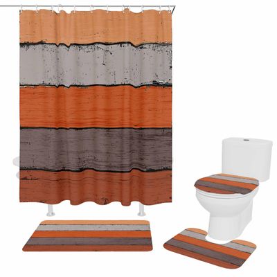 Plelat 4 Piece Bathroom Mat Sets, Rustic Farm Wood Orange Grey Brown Doormats Decor Shower Curtain Rugs Bath Mat Non-Slip Toilet Seat Cover Bathroom Mat