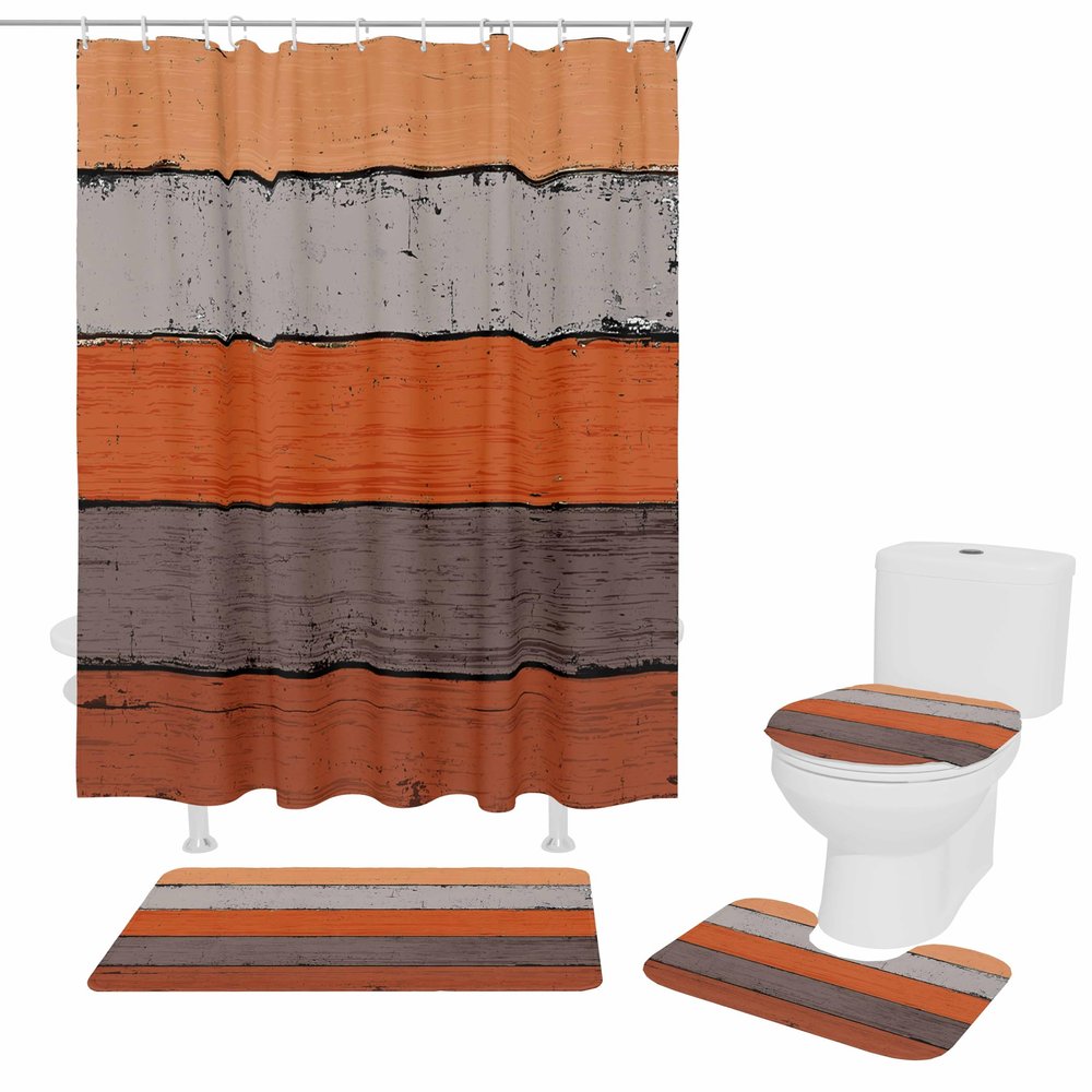Plelat 4 Piece Bathroom Mat Sets, Rustic Farm Wood Orange Grey Brown Doormats Decor Shower Curtain Rugs Bath Mat Non-Slip Toilet Seat Cover Bathroom Mat