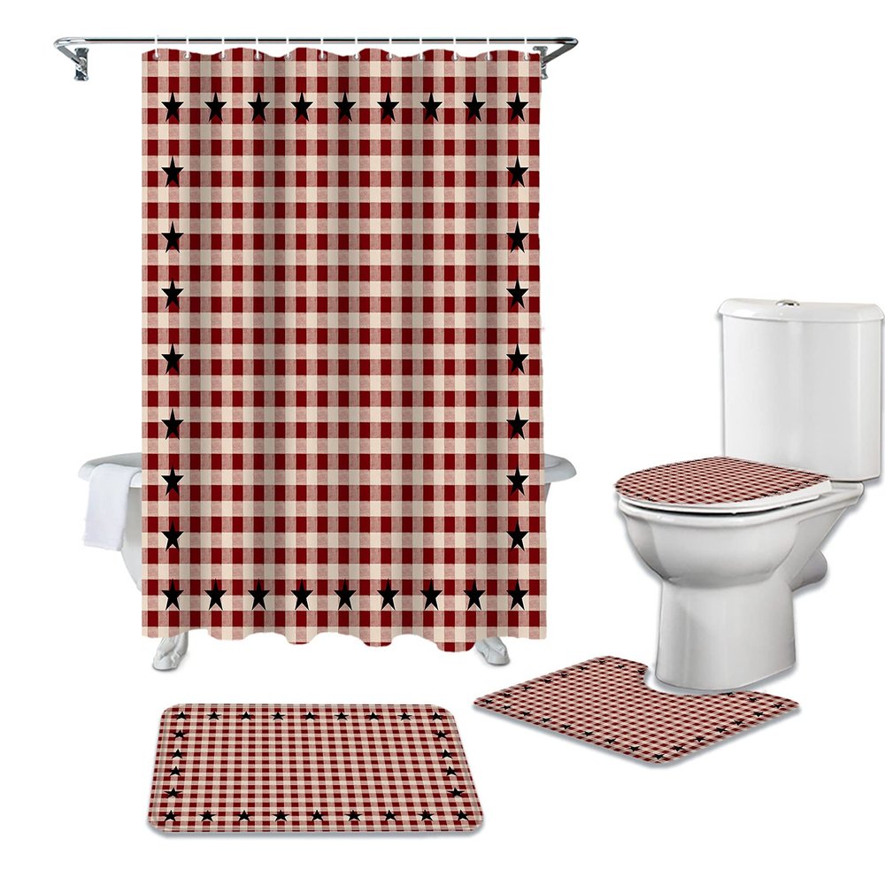 4 Piece Bathroom Mat Sets, Country Star Berry Red Buffalo Plaid Doormats Decor Shower Curtain Rugs Bath Mat Non-Slip Toilet Seat Cover Bathroom Mat