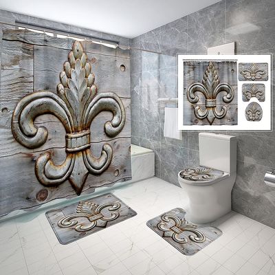 4 Piece Fleur-De-Lis Waterproof Fabric Bathroom Sets with Non-Slip Rugs, Toilet Lid Cover and Bath Mat, Waterproof Shower Curtain with Standard Size