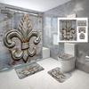 4 Piece Fleur-De-Lis Waterproof Fabric Bathroom Sets with Non-Slip Rugs, Toilet Lid Cover and Bath Mat, Waterproof Shower Curtain with Standard Size view 1
