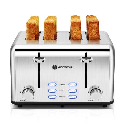 Aigostar Toaster 4 Slice 1.6" Wide Slot Stainless Steel Toasters with Bagel, Reheat, Cancel, Defrost Function, 6 Shade Settings, Removable Crumb Tray, 1550W, Best Rated Prime 4 Slice Toasters