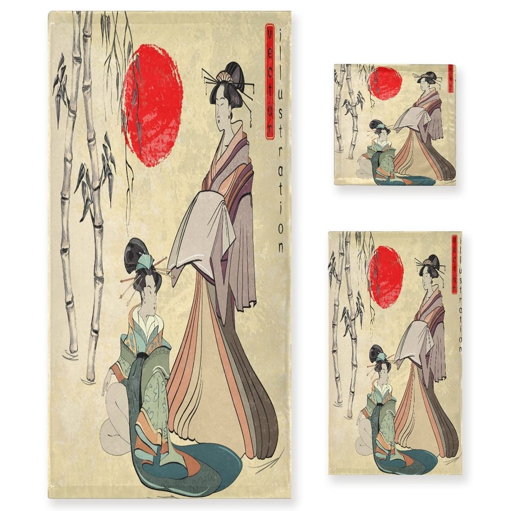 ALAZA Japanese Geisha Vintage Soft 3 Piece Bath Towels Set for Bathroom Spa Hotel, 1 Bath Towel+ 1 Hand Towel+ 1 Washcloth