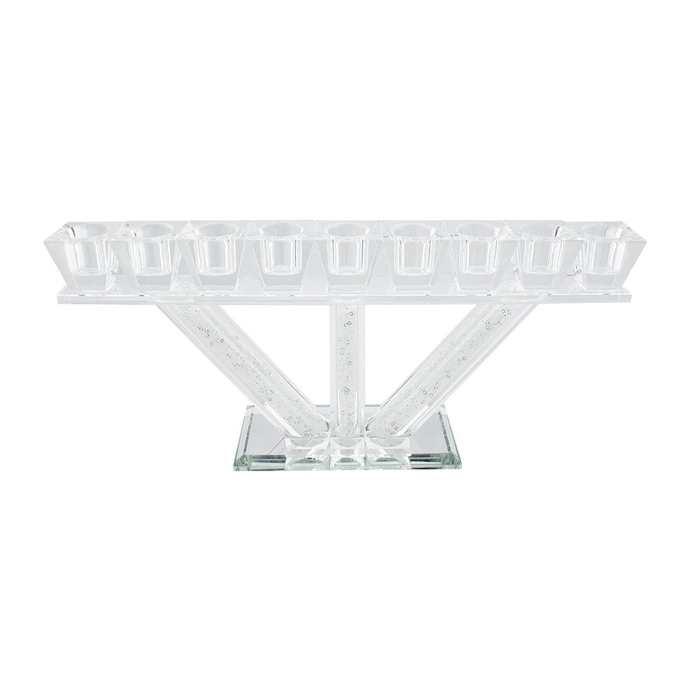 Vetrina Menorah, Mirrored Base, Crystal Glass, 9 Candle Branches, for an Elegant Celebration of Hanukkah, Silver, 6x12, Sold Individually in Gift Box