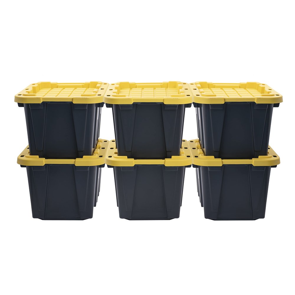 CX BLACK & YELLOW, 12-Gallon Heavy Duty Tough Storage Container & Snap-Tight Lid, (12.51H x 16.3W x 21.8D), Weather-Resistant Design and Stackable Organization Tote [6 Pack]