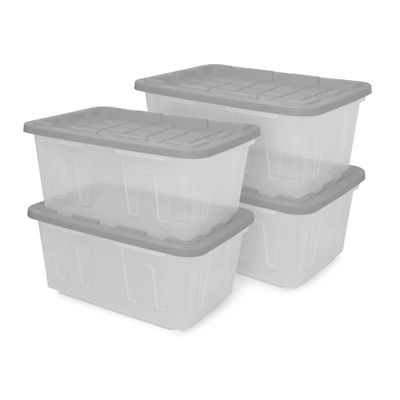 CX BLACK & YELLOW 27-Gallon Heavy Duty Clear Storage Bins with Lids, Stackable Plastic Storage Bins with Weather-Resistant Design, Home Organization, Clear & Grey, 4 Pack (14.3H x 20.6W x 30.6D)