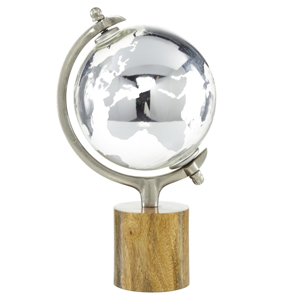 Deco 79 Wood Globe with Brown Base, 8" x 8" x 15", Silver