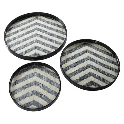 Deco 79 Mother of Pearl Handmade Chevron Tray with Slot Handles, Set of 3 24", 20", 16"W, Black