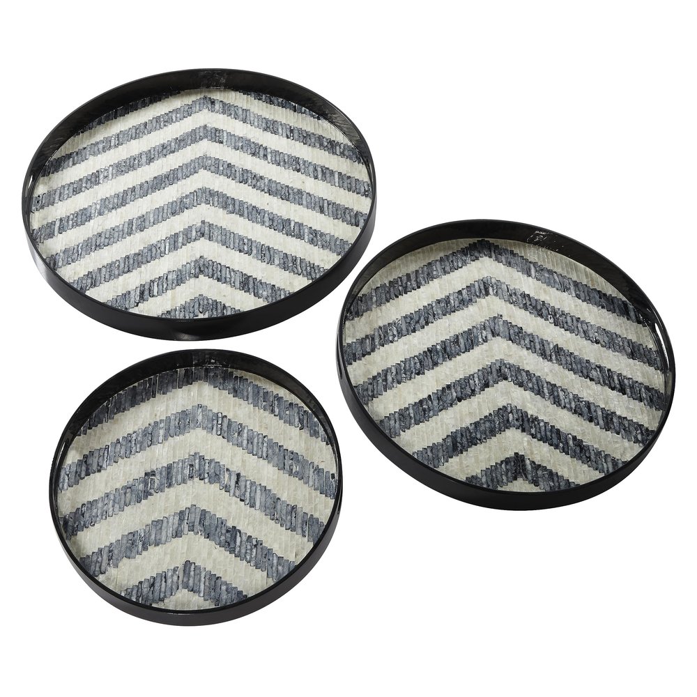 Deco 79 Mother of Pearl Handmade Chevron Tray with Slot Handles, Set of 3 24", 20", 16"W, Black