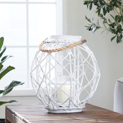 Deco 79 15 x 15 Large Woven Rattan White Lantern w/ Burlap Jute Rope Handle & Glass Insert