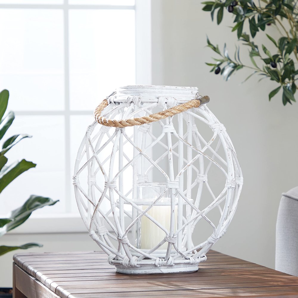 Deco 79 15 x 15 Large Woven Rattan White Lantern w/ Burlap Jute Rope Handle & Glass Insert