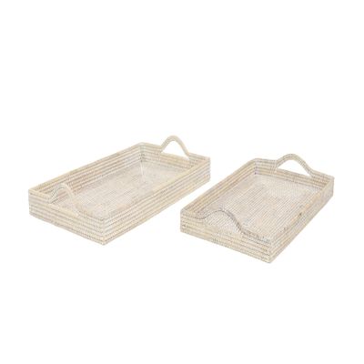 Deco 79 Rattan Living Room Decor Tray Ottoman Tray, Set of 2 Serving Tray 26", 23"W, Cream