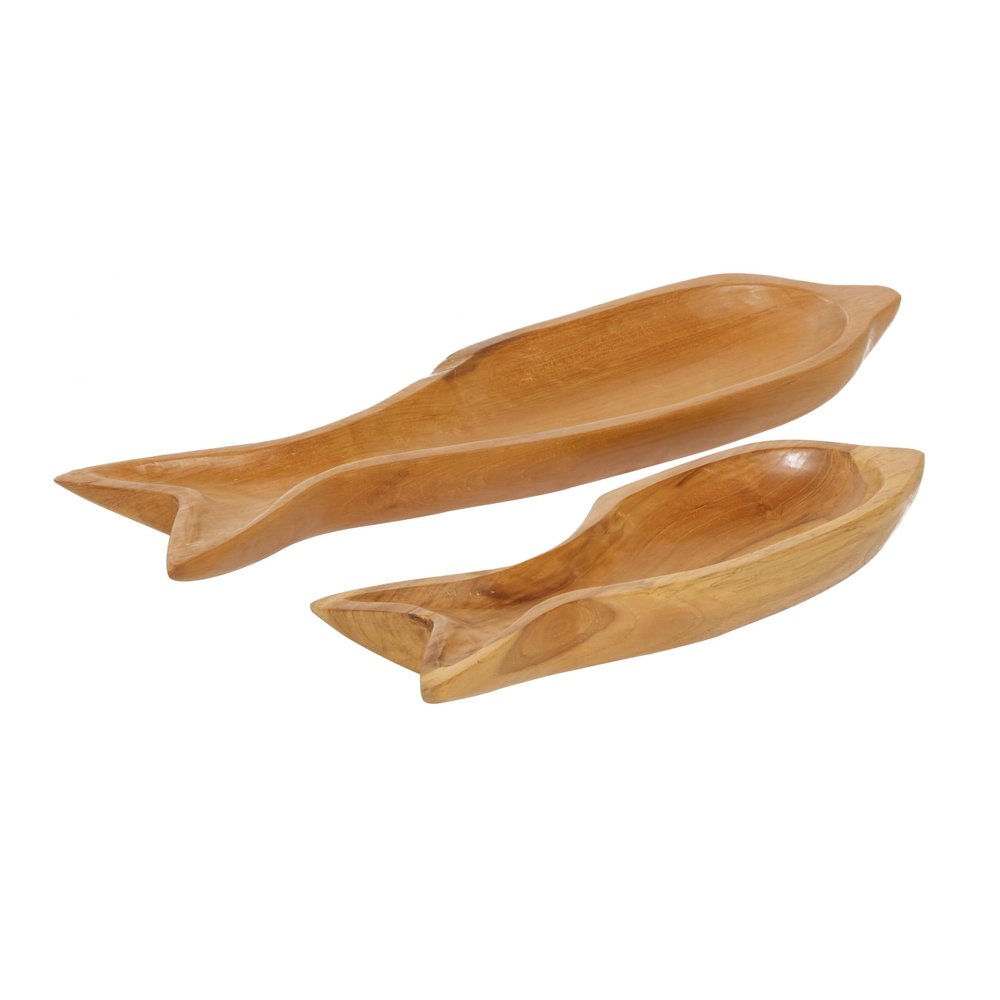 Deco 79 Teak Wood Fish Handmade Tray, Set of 2 24", 16"W, Brown