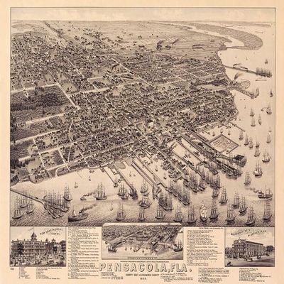 1885 Bird's Eye View Pensacola Florida Navy Yard USA Map Vintage Poster Reproduction (20 X 30 Image Size Paper)