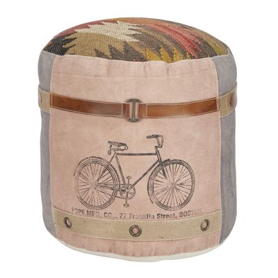 Deco 79 Canvas Round Pouf with Leather Handles, 17" x 17" x 19", Multi Colored