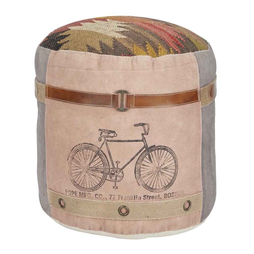 Deco 79 Canvas Round Pouf with Leather Handles, 17" x 17" x 19", Multi Colored
