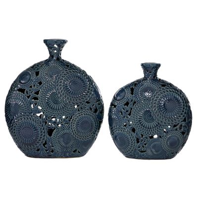 Deco 79 Ceramic Floral Decorative Vase Centerpiece Vases with Cut Out Patterns, Set of 2 Flower Vases for Home Decoration 16", 13"H, Blue