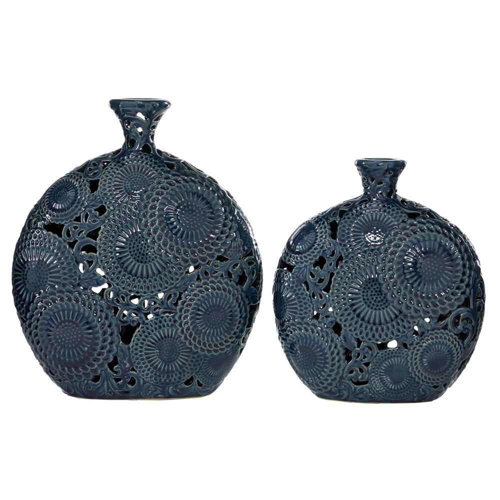 Deco 79 Ceramic Floral Decorative Vase Centerpiece Vases with Cut Out Patterns, Set of 2 Flower Vases for Home Decoration 16", 13"H, Blue