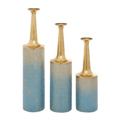 Deco 79 Metal Floral Decorative Vase Centerpiece Vases with Gold Top, Set of 3 Flower Vases for Home Decoration 27", 24", 20"H, Blue