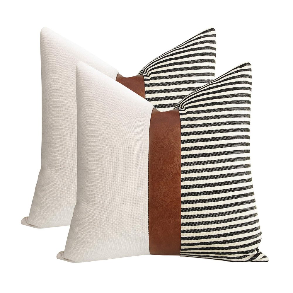 22x22 inches Pillow Covers Set of 2 Farmhouse Decor Stripe Patchwork Linen Throw Pillow Covers Modern Faux Leather Covers for Couch Sofa,Black