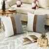 22x22 inches Pillow Covers Set of 2 Farmhouse Decor Stripe Patchwork Linen Throw Pillow Covers Modern Faux Leather Covers for Couch Sofa,Black view 2