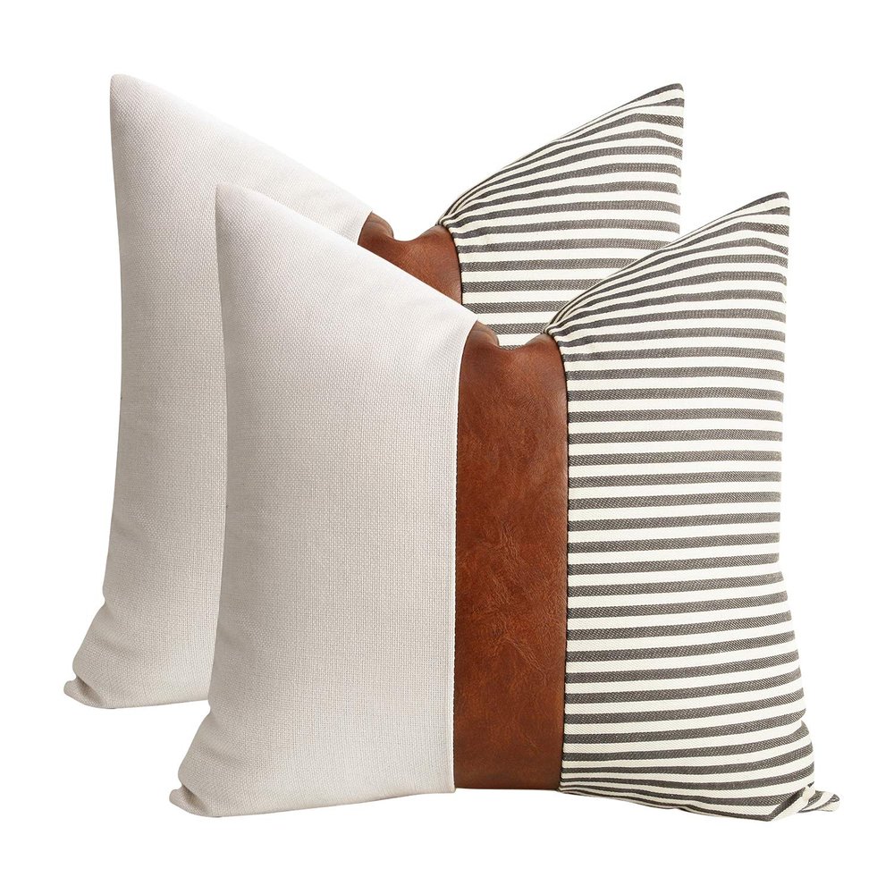 22x22 inches Pillow Covers Set of 2 Farmhouse Decor Stripe Patchwork Linen Throw Pillow Covers Modern Faux Leather Covers for Couch Sofa,Gray