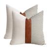 22x22 inches Pillow Covers Set of 2 Farmhouse Decor Stripe Patchwork Linen Throw Pillow Covers Modern Faux Leather Covers for Couch Sofa,Gray view 1