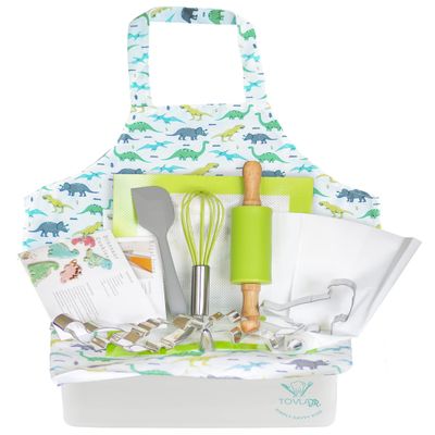 Tovla Jr. Kids Baking Gift Set with Storage Case - Cooking Kit for Children - Educational Baking Sets - Real Kid Baking Supplies with Decorating Tools Set with Apron (Dinosaur)