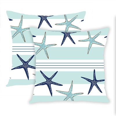 Docady Set of 2 Throw Pillow Covers Starfish Beach Navy Blue Stripes Teal Summer Coastal Nautical Hawaii Style Pillowcases Decor Cushion Cover Square 20 x 20 Inches Both Sides Print for Home Sofa