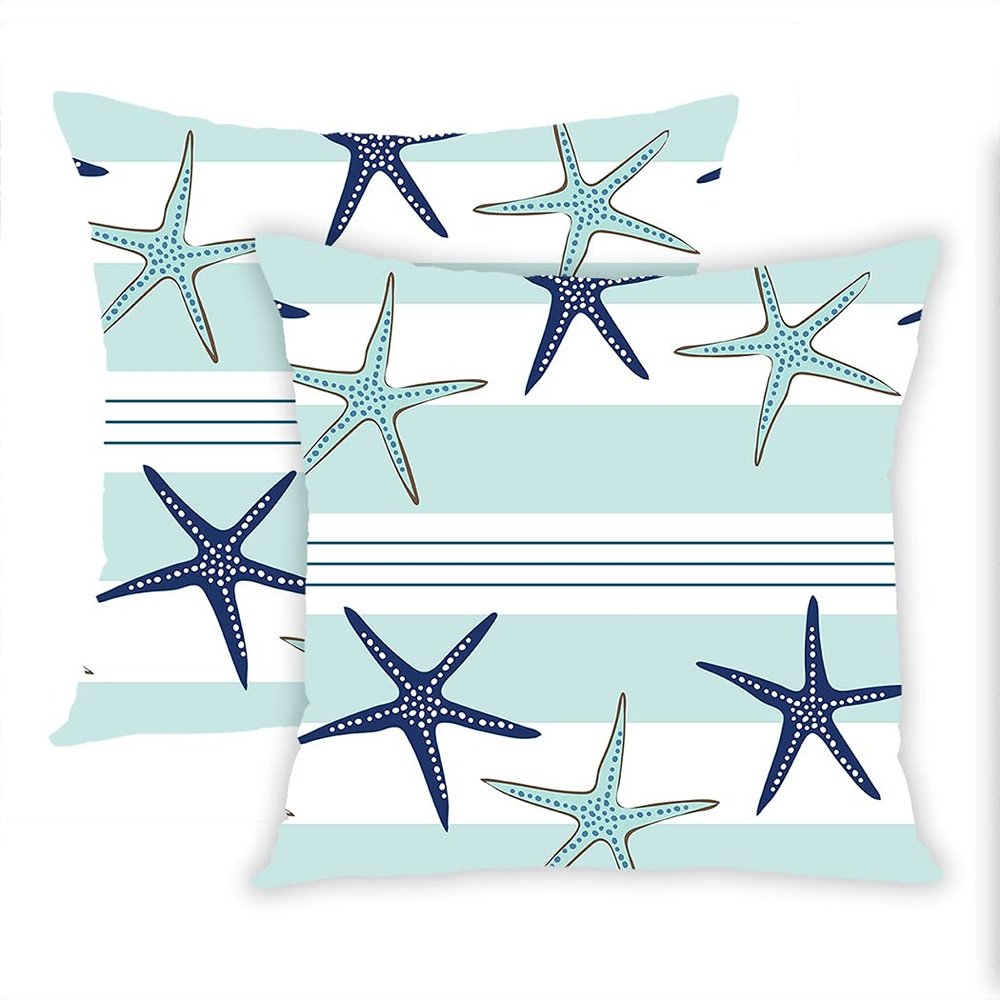 Docady Set of 2 Throw Pillow Covers Starfish Beach Navy Blue Stripes Teal Summer Coastal Nautical Hawaii Style Pillowcases Decor Cushion Cover Square 20 x 20 Inches Both Sides Print for Home Sofa