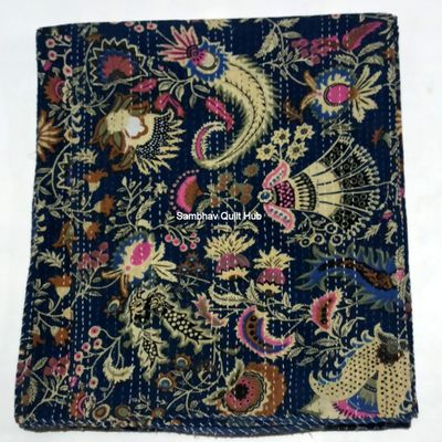 Multicolor Handmade Crown Mukut Print Kantha Quilting Kantha Blanket Bed Cover King Kantha Bedspread Bohemian Bedding Cotton Kantha with 2 Pillow Cover (Blue, 108X108inch with 2 Pillow Cover)