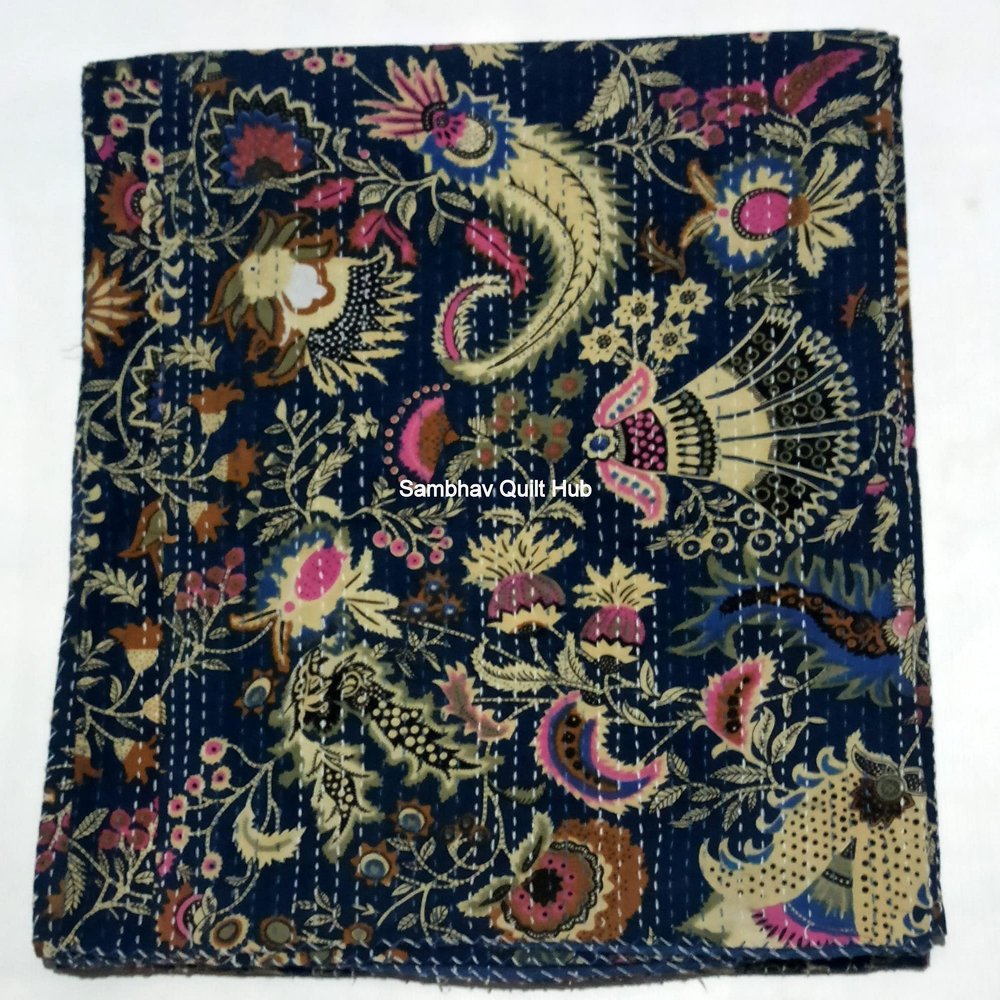 Multicolor Handmade Crown Mukut Print Kantha Quilting Kantha Blanket Bed Cover King Kantha Bedspread Bohemian Bedding Cotton Kantha with 2 Pillow Cover (Blue, 108X108inch with 2 Pillow Cover)