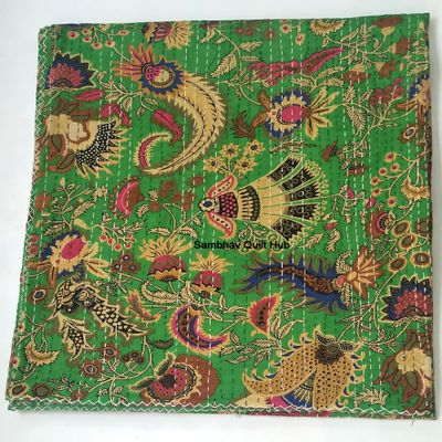 Multicolor Handmade Crown Mukut Print Kantha Quilting Kantha Blanket Bed Cover King Kantha Bedspread Bohemian Bedding Cotton Kantha with 2 Pillow Cover (Green 1, 90X108inch with 2 Pillow Cover)
