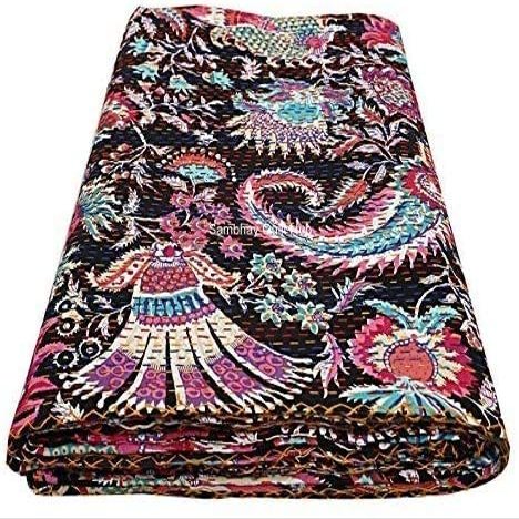 Multicolor Handmade Crown Mukut Print Kantha Quilting Kantha Blanket Bed Cover King Kantha Bedspread Bohemian Bedding Cotton Kantha with 2 Pillow Cover (Multicolor, 108X108inch with 2 Pillow Cover)