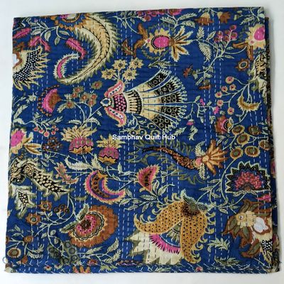 Multicolor Handmade Crown Mukut Print Kantha Quilting Kantha Blanket Bed Cover King Kantha Bedspread Bohemian Bedding Cotton Kantha with 2 Pillow Cover (Blue 1, 108X108inch with 2 Pillow Cover)