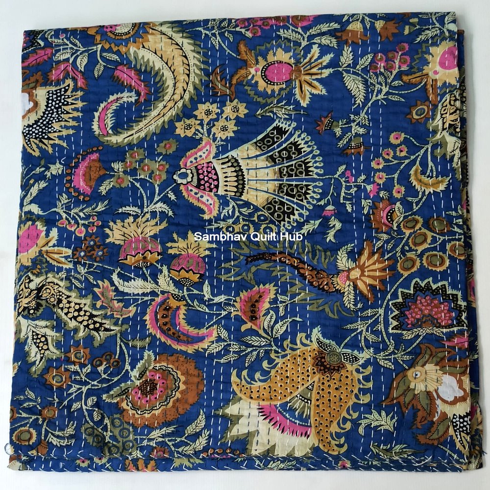 Multicolor Handmade Crown Mukut Print Kantha Quilting Kantha Blanket Bed Cover King Kantha Bedspread Bohemian Bedding Cotton Kantha with 2 Pillow Cover (Blue 1, 108X108inch with 2 Pillow Cover)