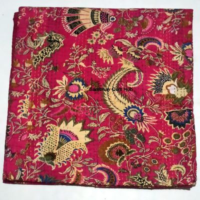 Multicolor Handmade Crown Mukut Print Kantha Quilting Kantha Blanket Bed Cover King Kantha Bedspread Bohemian Bedding Cotton Kantha with 2 Pillow Cover (Pink, 108X108inch with 2 Pillow Cover)