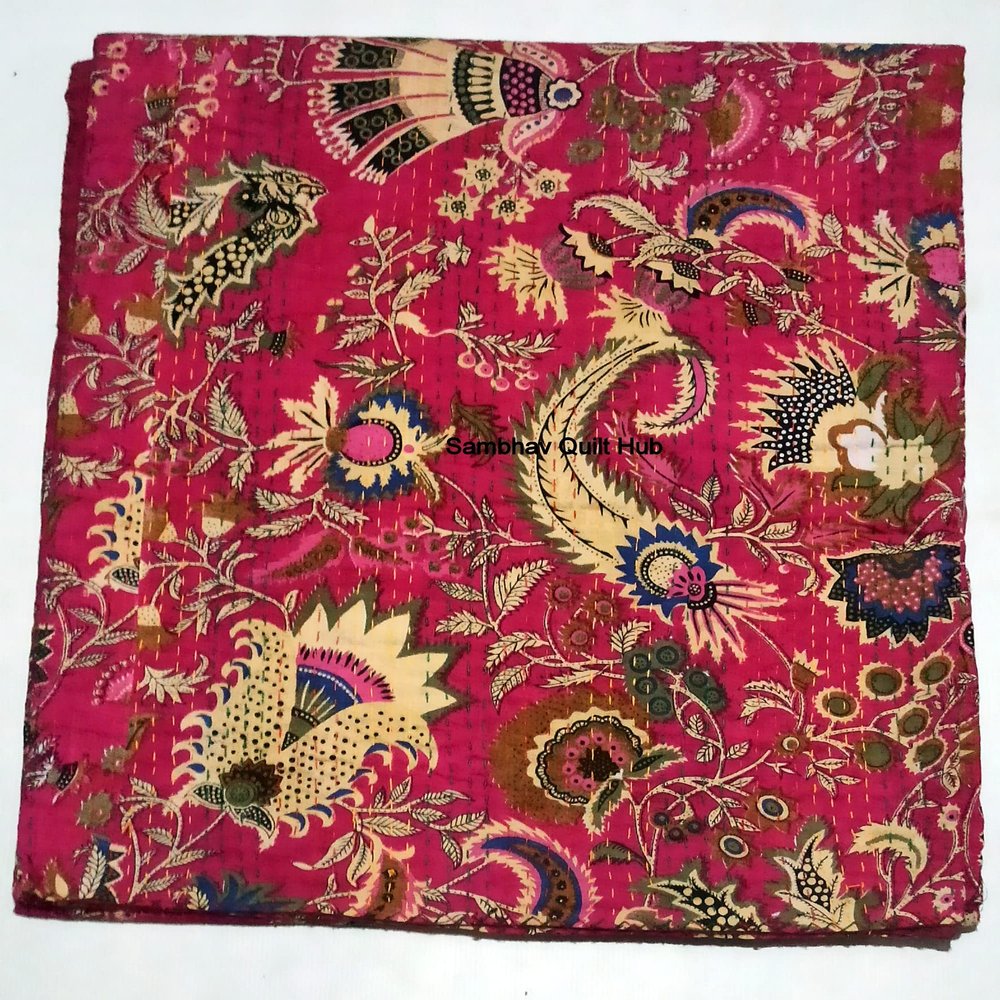 Multicolor Handmade Crown Mukut Print Kantha Quilting Kantha Blanket Bed Cover King Kantha Bedspread Bohemian Bedding Cotton Kantha with 2 Pillow Cover (Pink, 108X108inch with 2 Pillow Cover)