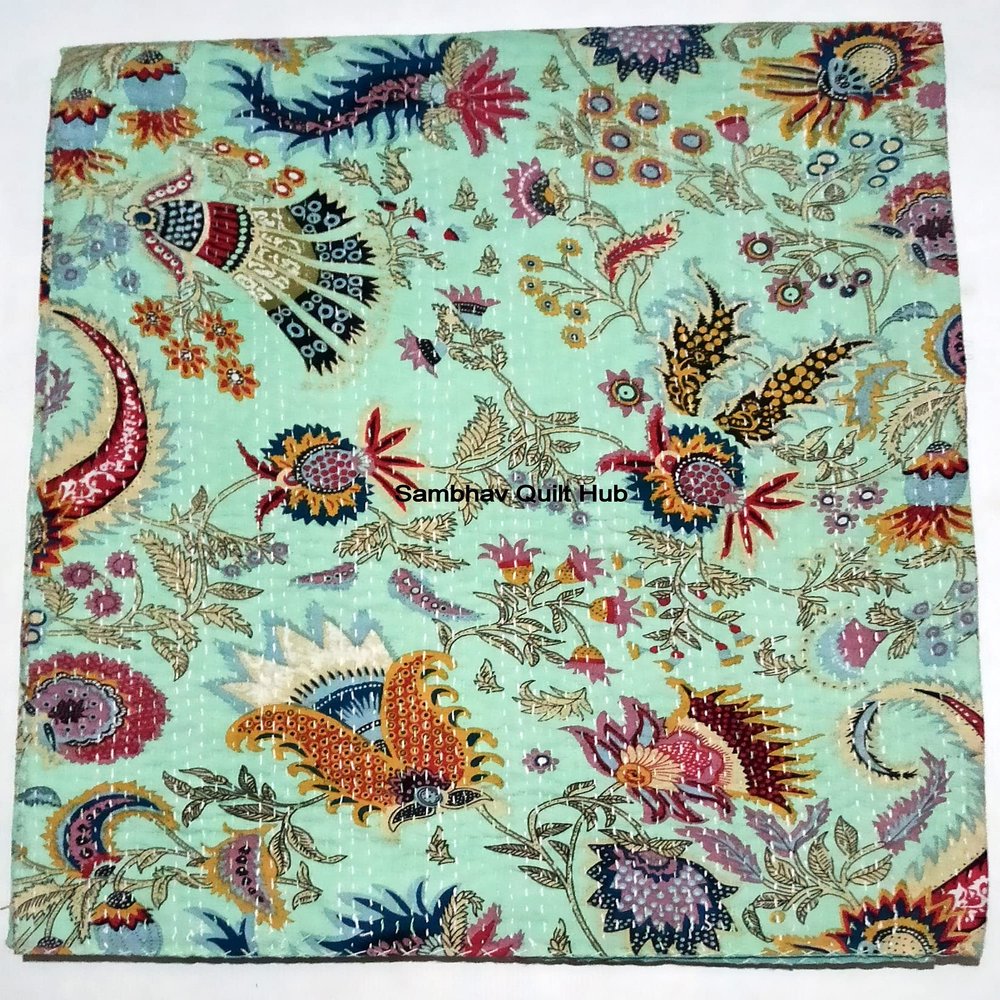 Multicolor Handmade Crown Mukut Print Kantha Quilting Kantha Blanket Bed Cover King Kantha Bedspread Bohemian Bedding Cotton Kantha with 2 Pillow Cover (Turquoise, 108X108inch with 2 Pillow Cover)