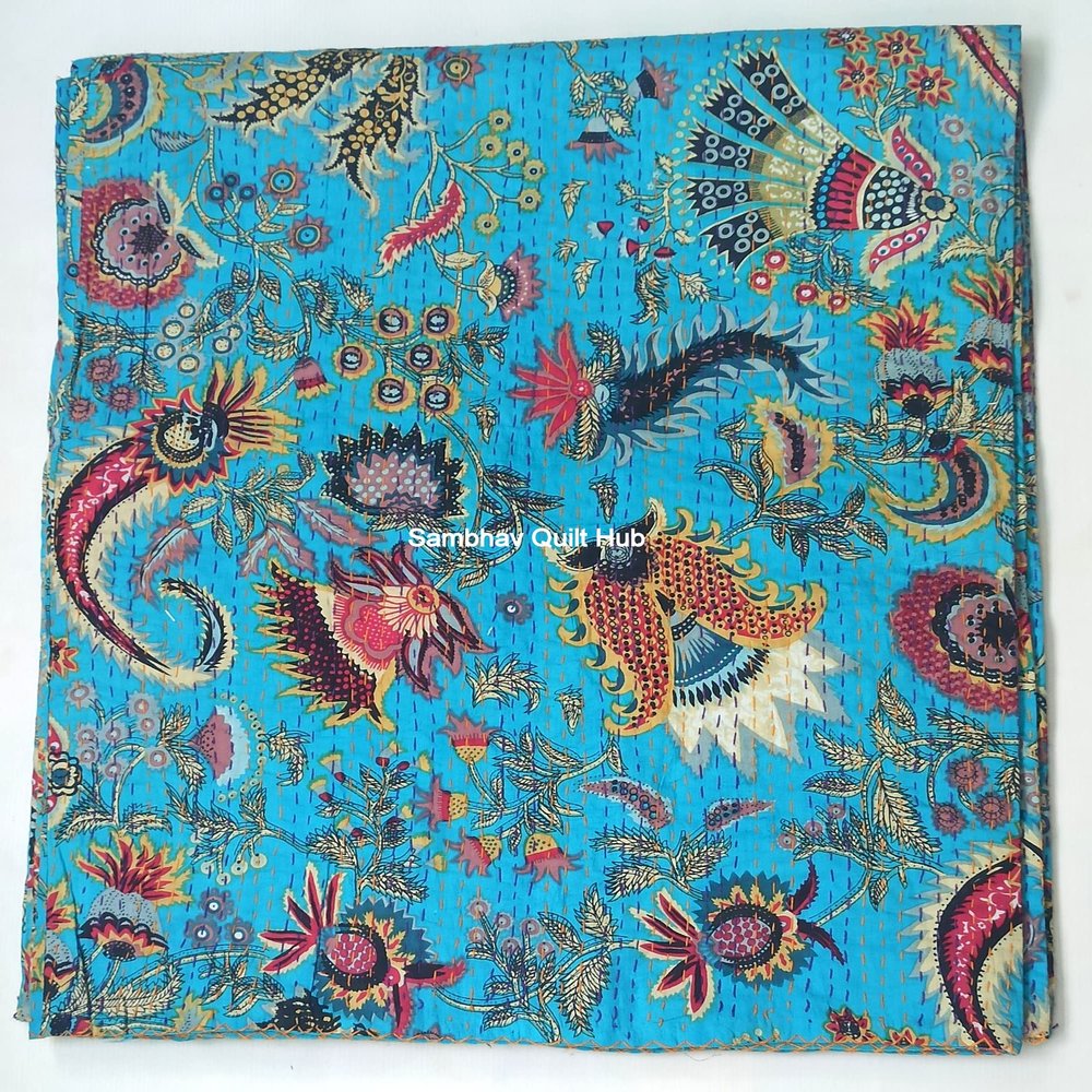 Multicolor Handmade Crown Mukut Print Kantha Quilting Kantha Blanket Bed Cover King Kantha Bedspread Bohemian Bedding Cotton Kantha with 2 Pillow Cover (Turquoise 1, 108X108inch with 2 Pillow Cover)