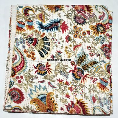 Multicolor Handmade Crown Mukut Print Kantha Quilting Kantha Blanket Bed Cover King Kantha Bedspread Bohemian Bedding Cotton Kantha With 2 pillow Cover (White, 108X108inch With 2 pillow Cover)