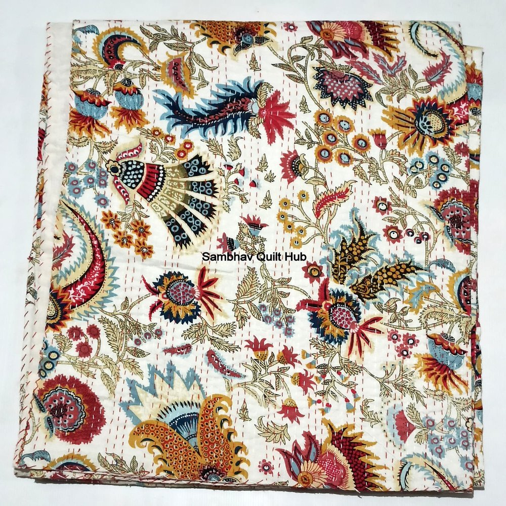 Multicolor Handmade Crown Mukut Print Kantha Quilting Kantha Blanket Bed Cover King Kantha Bedspread Bohemian Bedding Cotton Kantha With 2 pillow Cover (White, 108X108inch With 2 pillow Cover)