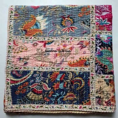 Handmade Crown Mukut Print Kantha Quilting Kantha Blanket Bed Cover King Kantha Bedspread Bohemian Bedding Cotton Kantha With 2 pillow Cover (Multi Patch Less, 108X108inch With 2 pillow Cover)