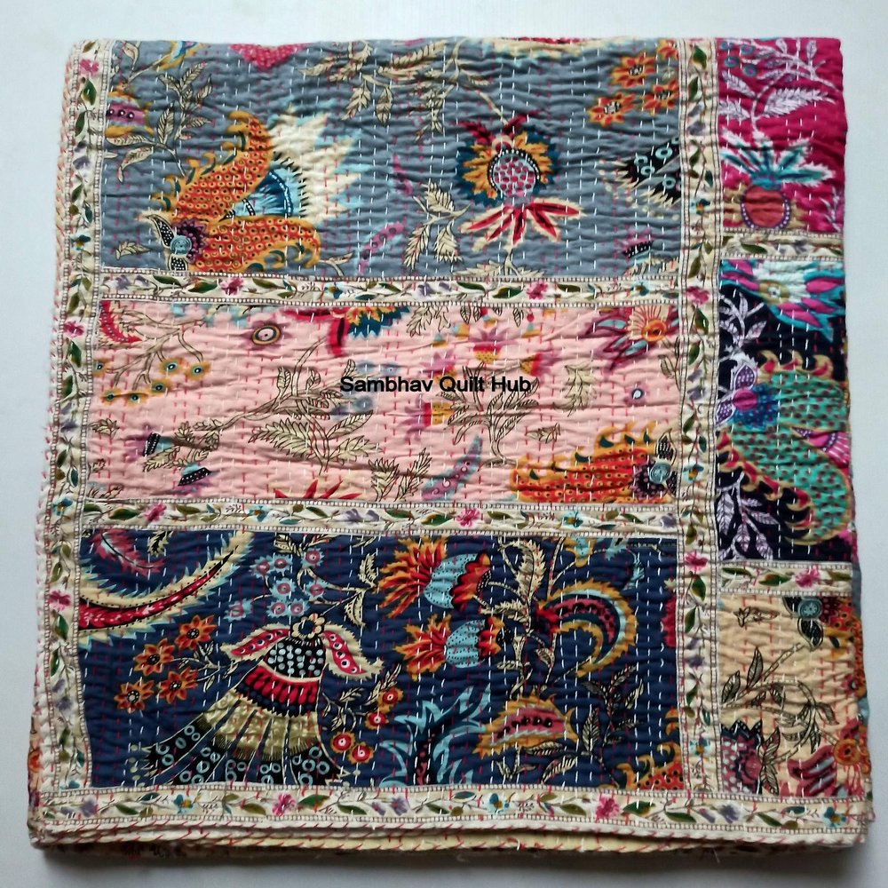 Handmade Crown Mukut Print Kantha Quilting Kantha Blanket Bed Cover King Kantha Bedspread Bohemian Bedding Cotton Kantha With 2 pillow Cover (Multi Patch Less, 108X108inch With 2 pillow Cover)