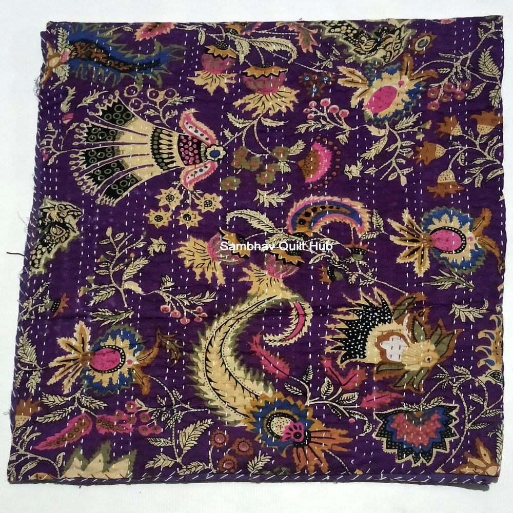 Multicolor Handmade Crown Mukut Print Kantha Quilting Kantha Blanket Bed Cover King Kantha Bedspread Bohemian Bedding Cotton Kantha with 2 Pillow Cover (Purple, 108X108inch with 2 Pillow Cover)