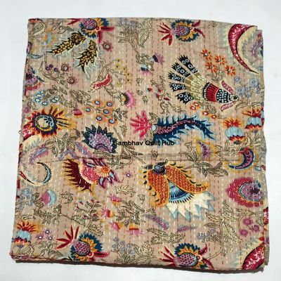 Multicolor Handmade Crown Mukut Print Kantha Quilting Kantha Blanket Bed Cover King Kantha Bedspread Bohemian Bedding Cotton Kantha with 2 Pillow Cover (Beige, 108X108inch with 2 Pillow Cover)