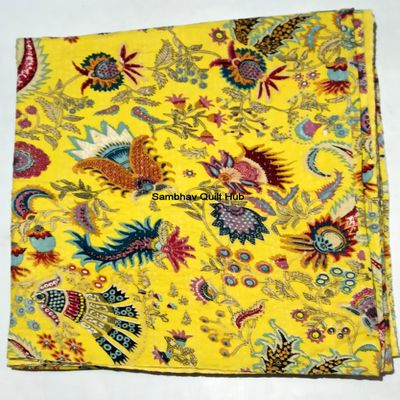 Multicolor Handmade Crown Mukut Print Kantha Quilting Kantha Blanket Bed Cover King Kantha Bedspread Bohemian Bedding Cotton Kantha with 2 Pillow Cover (Yellow, 108X108inch with 2 Pillow Cover)